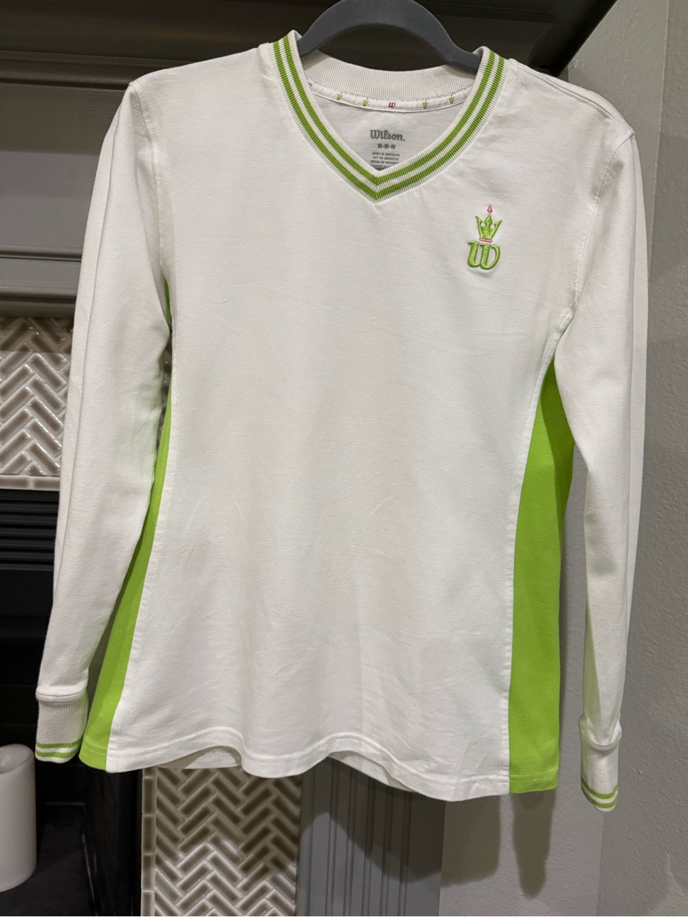 Wilson White Long-Sleeve V-Neck Top with Lime Accents